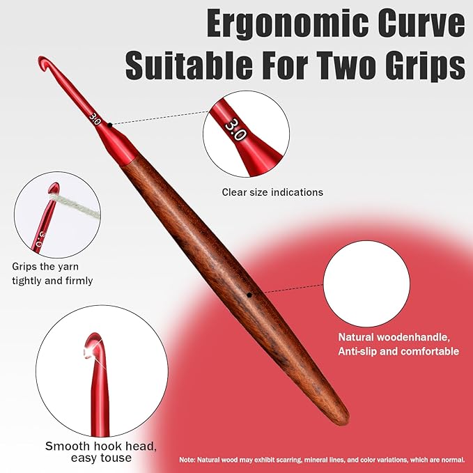 Giwrmu Crochet Hooks Set, 5 Pcs Ergonomic Crochet Hooks, Colored Aluminum Crochet Hook with Wooden Handle for Arthritic Hands Knitted Dolls, Gloves, Sweaters, Blankets - 3.0mm/4.0mm/5.0mm/6.0mm/7.0mm