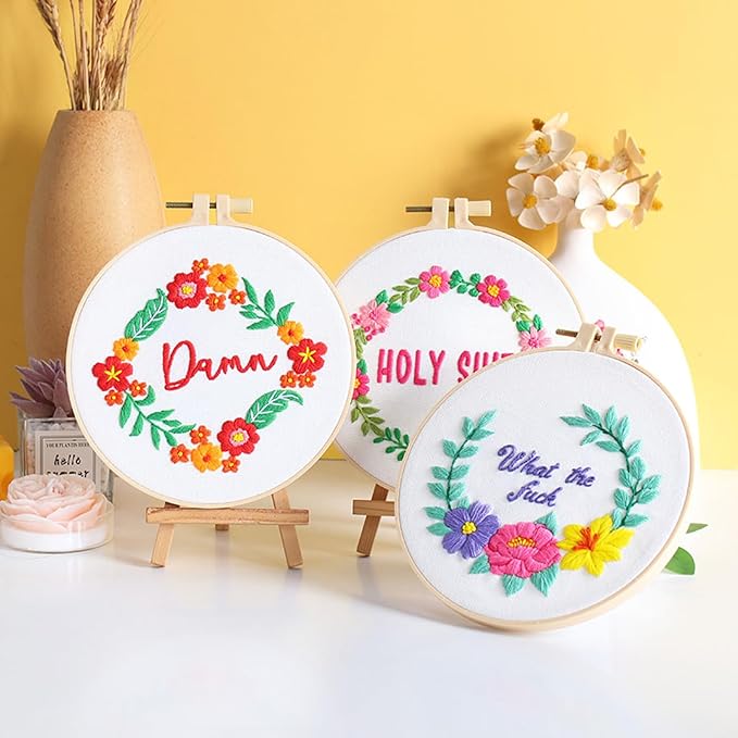 Louise Maelys Funny Embroidery Kits for Beginners,Cross Stitch Kit for Adults Starters,DIY Needlepoint with Floral Flower Wreath Pattern