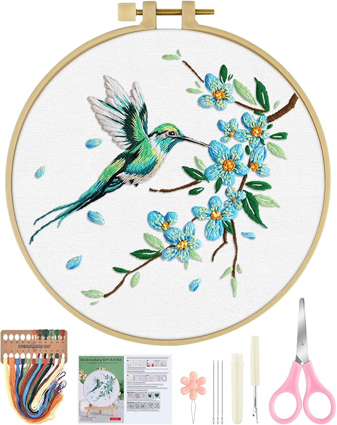 ERKOON Embroidery Kit for Beginners, Hummingbird and Flower Cross Stitch Set for Include Embroidery Cloth Hoops Threads for Craft Lover Hand Stitch with Embroidery Skill Techniques (Green Hummingbird)