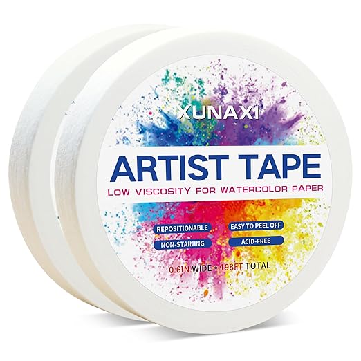 2 Packs Art Tape, Artist Tape for Watercolor Paper Low Tack White Painters Tape for Drafting Art Painting Canvas Framing Acid Free Masking Tape-0.6IN Wide 198FT Long Total