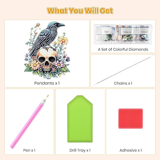 MOGTAA Halloween Diamond Art Hanging Pendant Kits, Skull Diamond Art Suncatchers for Adults, 5D Special Shape Diamond Painting Bird Flowers Gem Art for Home Garden Wall Decor