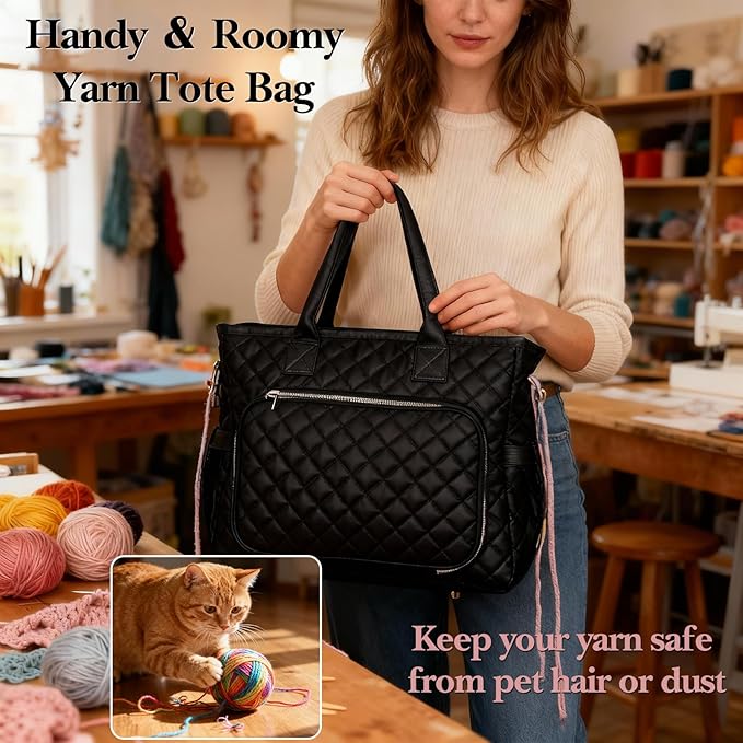 VERONLY Crochet Bag Yarn Storage, Large Knitting Tote with Padded Crochet Hook Organizer, Tote with Multiple Compartments for Crochet Lovers, Knitting Accessories, Unique Valentines Gifts for Her