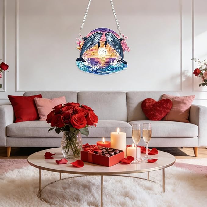 GHHKUD Dolphins Diamond Art Hanging Kit for Adults, DIY Double Sided Diamond Painting Hanging Valentines Kits Adults, Special Shaped Acrylic Ornaments Pendants for Window Home Garden Wall