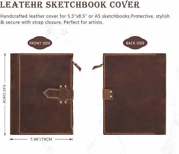 Leather Sketchbook Cover for A5/5.5"x8.5" sketch pads - Handmade Genuine Leather Artist Case with Pencil Holder & Zipper Pocket, Professional Drawing Supplies (Brown, 5.5"x8.5")