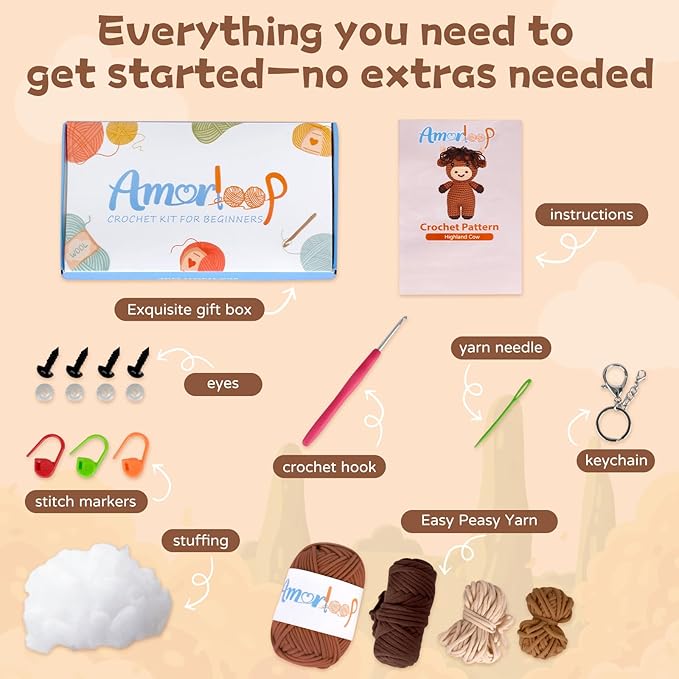Crochet Kit for Beginners – Easy-to-See Stitches Yarn, Pre-Started Piece, and Step-by-Step Video Tutorials | Starter Crochet Set with Cute Animal Pattern – Original Handmade Highland Cow Pattern