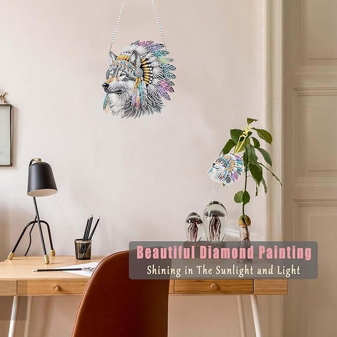 Masendp Wolf Diamond Painting Double-Sided Wall Hanging Set, DIY Irregular Shaped Rhinestone Window Decoration Set, Suitable for Home and Garden Wall Decoration Gifts