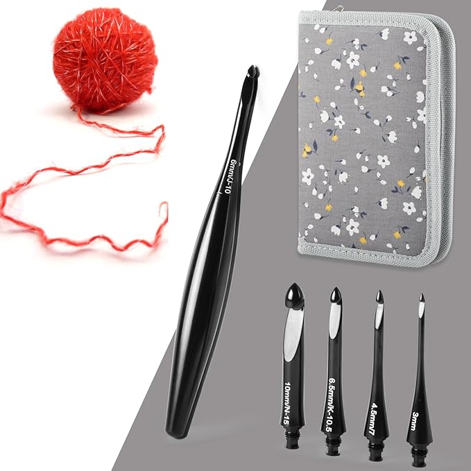 Svartur Interchangeable Crochet Hook Set with 12 Hooks – Ergonomic Crochet Hooks Large Handle, US Sizes E-4 to N-15 (3mm–10mm), Smooth & Lightweight, Crochet Kit with Storage Case, Black