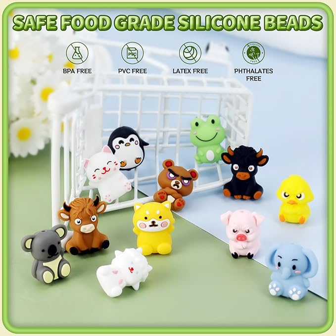 12pcs 3D Animals Silicone Focal Beads Silicone for Keychain Making Beads for Pens Shape for Bracelet Necklace Crafts （3D Animals style2.0）