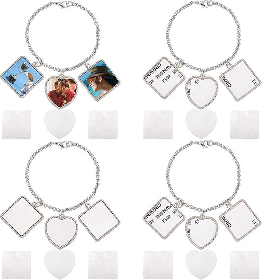 PH PandaHall 4 Sets Sublimation Bracelets Blanks Heat Transfer Bracelet Tray Heart Photo Bezel Square Craft Bezel Setting Blank for Mother's Day Friendship Bracelet Sweet Birthday Wedding Gift