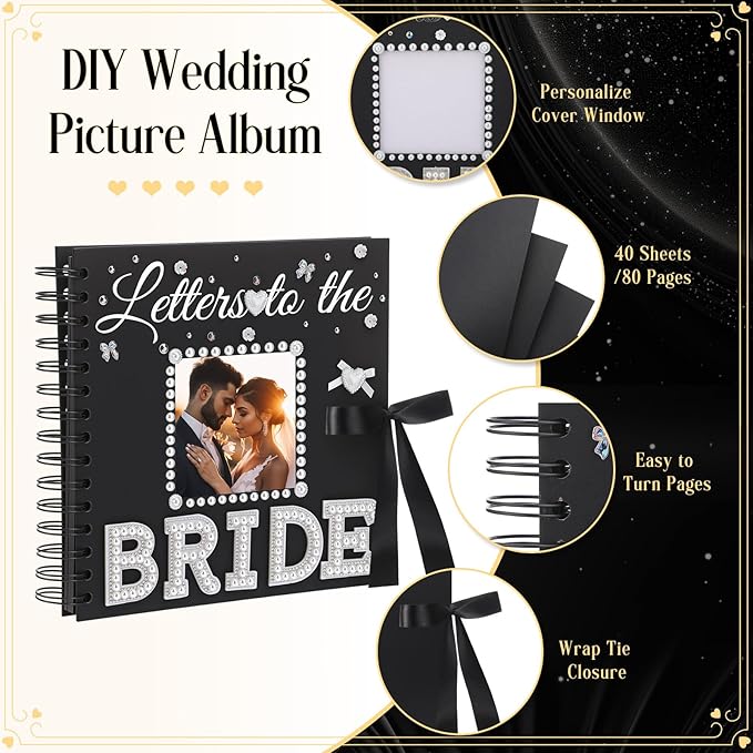 Letters To The Bride Scrapbook 8x8 Inch Bride Memory Book DIY Wedding Photo Album with Stickers and Markers for Wedding Engagement Bridal Shower Gifts Party Supplies, 40 Sheets (Bridal,Black)