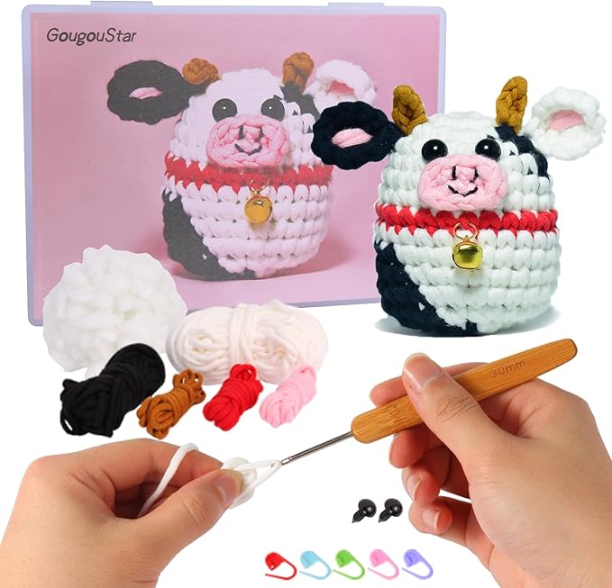 GougouStar Crochet Kit for Beginners, Animal Crochet Kits, Knitting Kit with Step-by-Step Video Tutorials and Crochet Accessories - Amigurumi Beginner Crochet Kit (Cow)