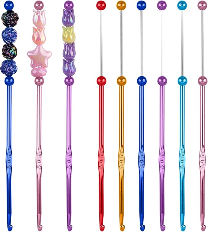 Framendino, 6 Pack DIY Beadable Crochet Hooks Knitting Needles Set Aluminum Handle 3 mm for Focal Beads Colors