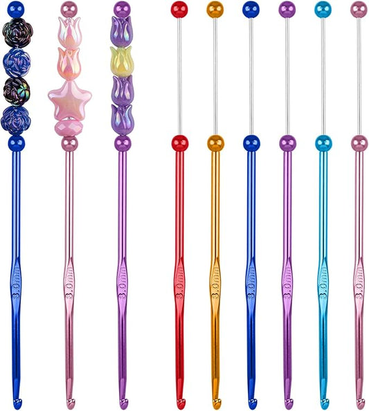 Framendino, 6 Pack DIY Beadable Crochet Hooks Knitting Needles Set Aluminum Handle 3 mm for Focal Beads Colors