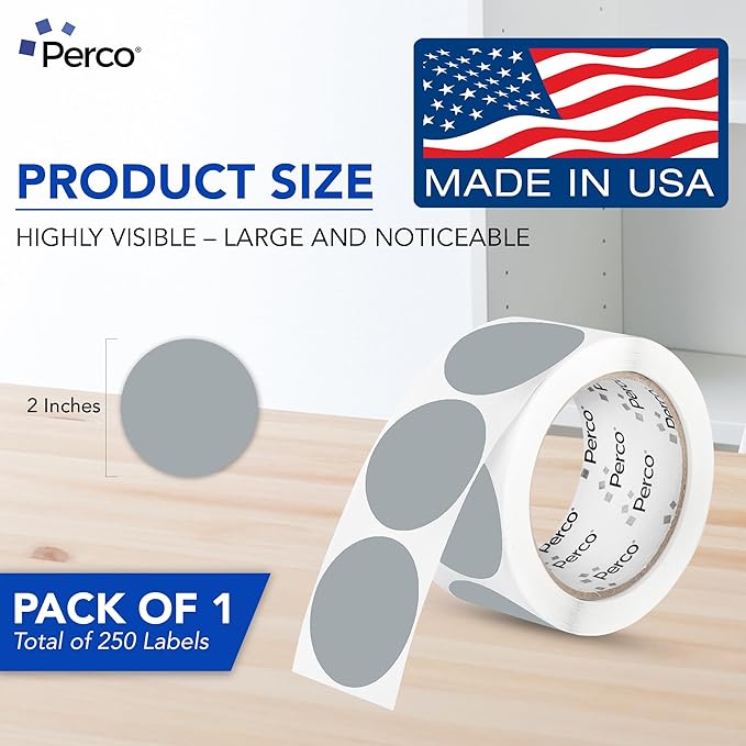 perco grey 2-inch perforated circle dot sticker labels — 250 round stickers per roll — with permanent adhesive for organizing, color coding, bin labeling, packaging alerts — made in usa