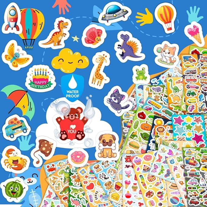 48 sheets stickers for kids, cute stickers variety pack for scrapbooking, teachers classroom prizes, goodie bag stuffers including animals, cars, dinosaurs, fishes, hearts, stars and more