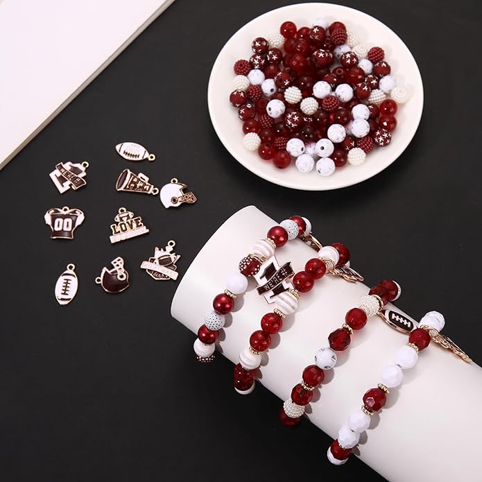 2200PCS+ Game Day Beads Charms for Bracelet Making Polymer Clay Beads Crystal Pearl Letter Gold Spacer Beads Football Charms for Game Day Bracelet Necklace Making DIY Crafts