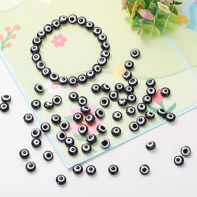 300pcs Evil Eye Beads for Jewelry Making,Flat Round Lampwork Bead 8mm Spacer Beads for Bracelets Necklace Handicraft Kit(Black)
