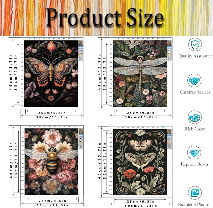 4 Pack Stamped Cross Stitch Kits for Adults - Cross Stitch Kits for Beginners,11 CT Insect Flowers Cross Stitch Patterns Dimensions DIY Counted Cross Stitch Kits for Adults Arts Craft 12x16 inch