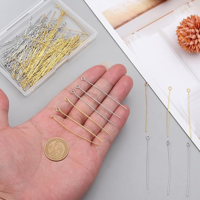 200 Pcs 50mm Straight Eye Pins for Craft Earring Bracelet Necklace Pendant DIY Jewelry Making, Platinum & Gold Color