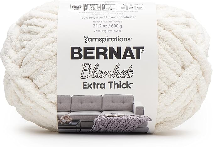 Bernat Blanket Extra Thick Vintage White Yarn - 1 Pack of 21.12oz/598.74g - 100% Polyester - #7 Jumbo - 72 Yards - Chunky Yarn for Hand Knitting, Crocheting, Crafts & Amigurumi