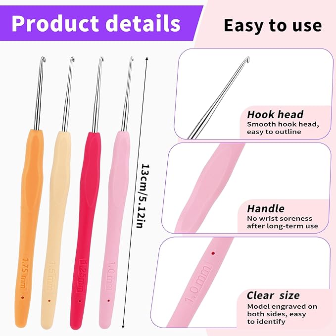 Iuuidu 4PCS Crochet Hooks, Small Size Crochet Hooks for Arthritic Hands 4Size, 1.0mm, 1.25mm, 1.5mm, 1.75mm Crochet Needles for Beginners, Smooth Knitting Needles for Handmade DIY