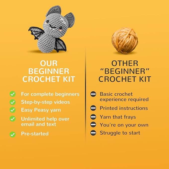 minimal beee Bat Crochet Kit for Beginners - DIY Halloween Craft Gift with Animal Yarn, Easy Knitting Supplies for Adults, Complete Starter Crochet Set with Needles & Instructions