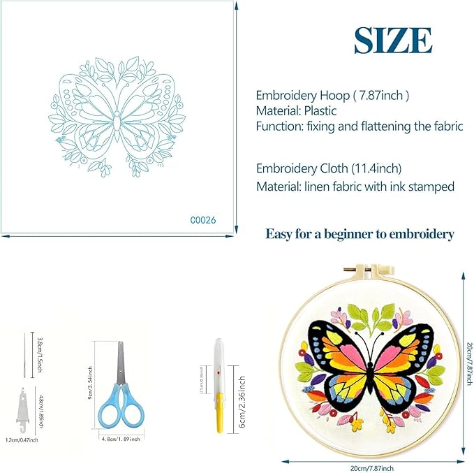 Zhenqing Butterfly Embroidery Kit 11.4x11.4 Inch - Complete Embroidery Set with Fabric, Threads, Needles & Hoop - Beginner-Friendly DIY Craft Kit for Adults (C0041)