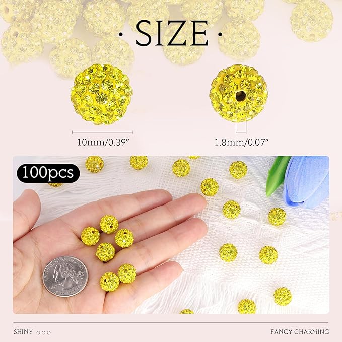 100 pcs 10mm Rhinestone Beads for Jewelry Making, Yellow Shiny Round Shamballa Disco Beads Bulk, Sparkle Crystal Clay Christmas for Bracelet Baseball Necklace Earring Crafting and DIY