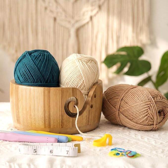 Wooden Yarn Bowl Set, 6.7in x 4.1in Large Yarn Bowl for Crocheting, Complete Crochet Accessories Kit with 12 Size Crochet Hooks, Tape Measure, Counter, Scissors & Storage Bag