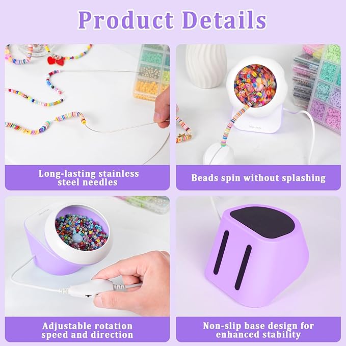 Clay Bead Spinner and Seed Bead Spinner, Electric Bead Spinner for Jewelry Making, Bracelet Spinner and Necklace Making Machine with Bead Needles and Thread (Purple), (Beads Not Included)