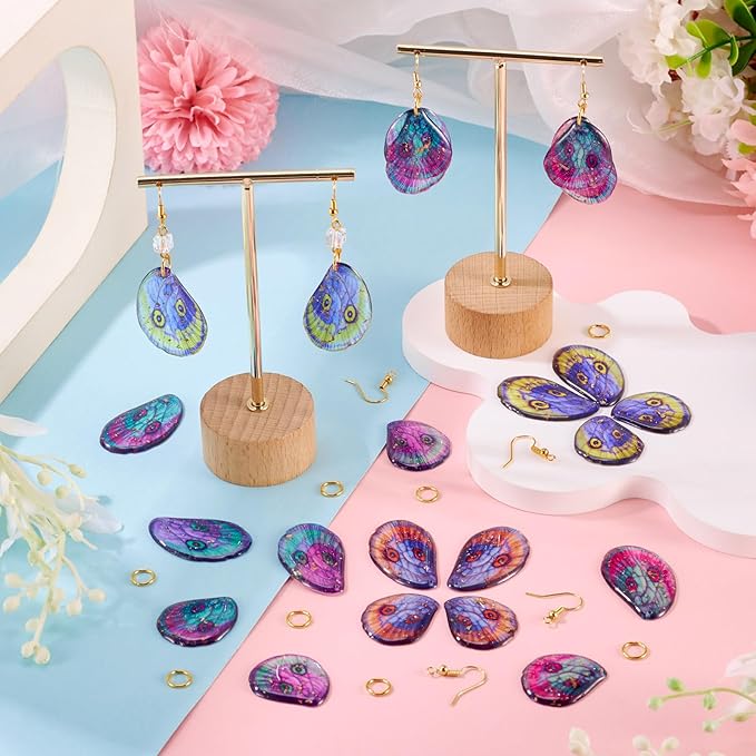 FASHEWELRY 16Pcs Resin Butterfly Wings Earring Charms Turquoise Pink Purple Fairy Wing Pendants Oaw Animals Print Feather Charms with Jump Rings Earrings Hooks for DIY Earring Jewelry Making