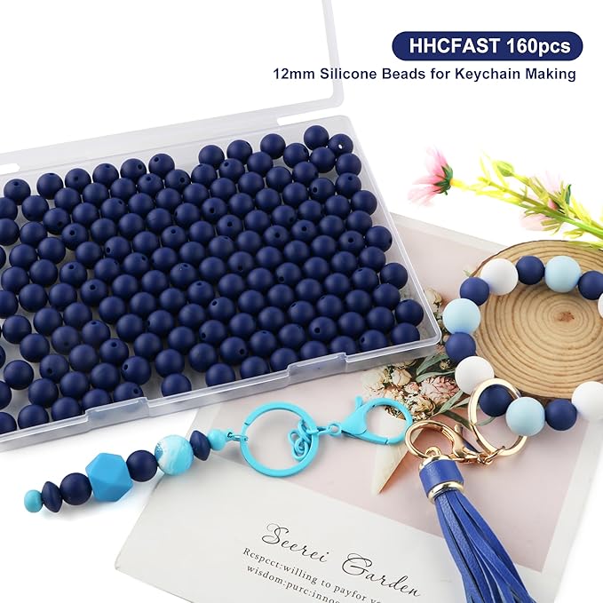 160Pcs 12mm Silicone Beads for Keychain Making Bracelet Necklace, Bulk Round Silicone Beads for Pens(Navy Blue)
