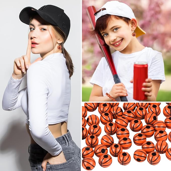 100pcs Basketball Beads with 5.5 Yard Elastic Rope,Acrylic Sports Beads DIY Spacer Bead for Necklace Bracelet Keychains Handmade Jewelry Making Accessories Craft Supplies,12mm(Basketball)