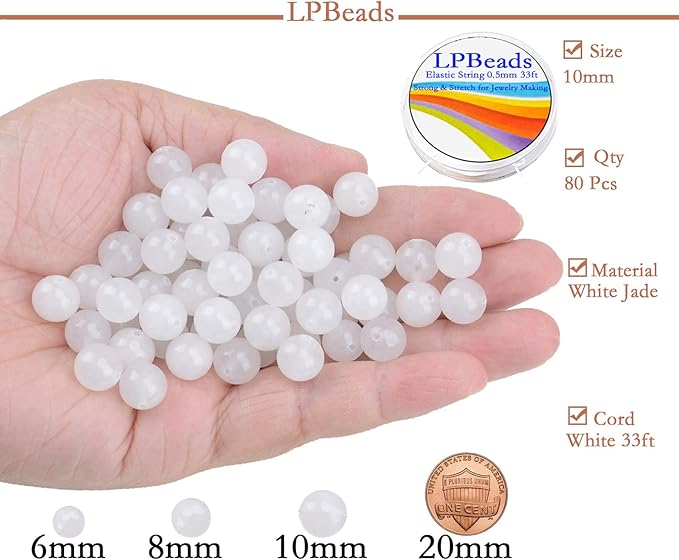 LPBeads 80Pcs Polished 10mm Round Natural White Jade Gemstone Loose Beads with Stretch Cord for Jewelry Making Bracelets