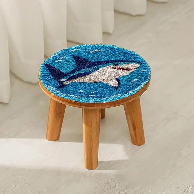 Latch Hook Rug Kit Cute Sea Shark Easy for Beginners Round Shape Carpet Crochet Yarn Craft Mini Rug DIY Hook and Latch Little Tapestry for Home Decor 30x30cm-1