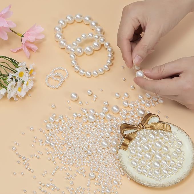 1200 Pcs Pearl Beads for Jewelry Making, 5 Size Round Pearls for Bracelets Making Kit Small Pearl Filler Beads with Hole for DIY Craft Necklace Earrings