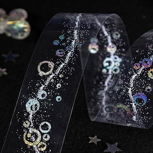 8 Rolls PET Tape Stickers for Journaling Supplies, Holographic Star Bubble Themed Scrapbook Tape Stickers for Scrapbooking, Journaling, Junk Journal Supplies, Planner (Bright)