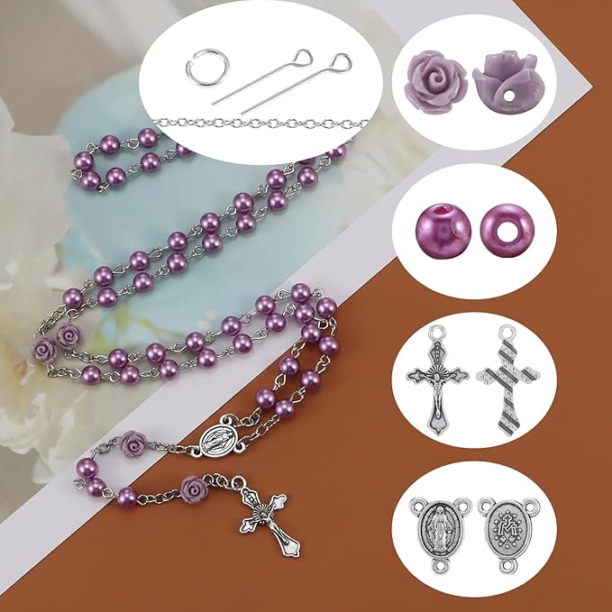 OEMOO 1410PCS Rosary Jewelry Making Kit Rosary Prayer Making Supplies Carved Rose Beads Cross Centerpiece Crucifix Medal, Silver Jesus Maria Pendant for Rosary Bracelet Necklace Jewelry (Purple)