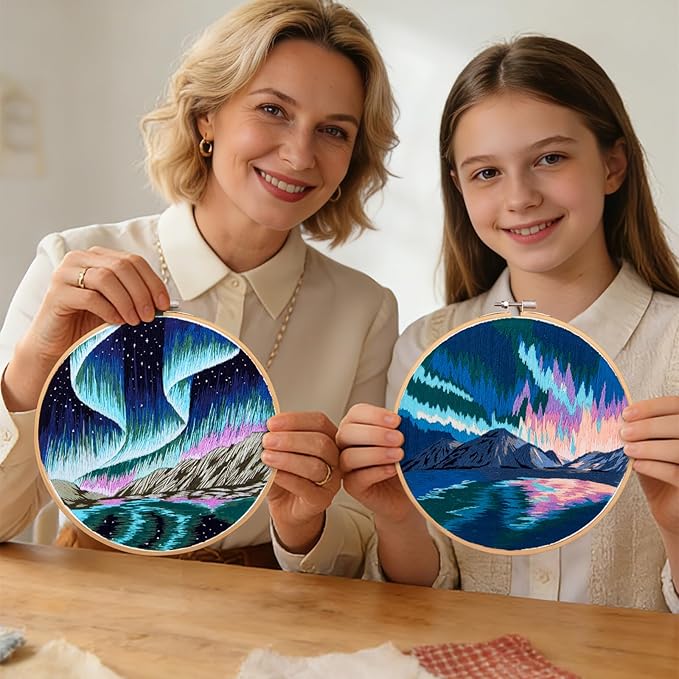 Aurora Borealis Embroidery Starter Kits for Beginners Adults, Stamped Cross Stitch Kit for Adult Beginner, Hand Embroidery Needlepoint Kit, 2 Set Embroidery Supplies, 2 Hoops (Attached Video Tutorial)