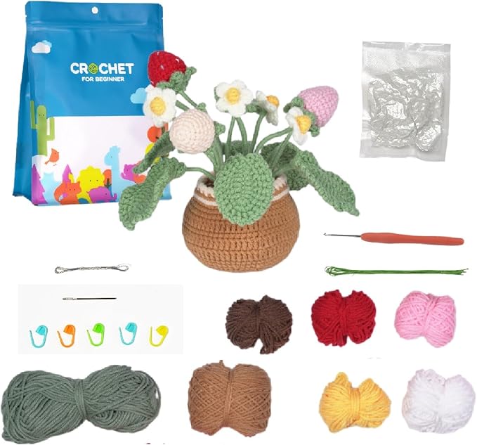 Crochet Set - Beginner Friendly Crochet Set with Step-by-Step Teaching Videos and Crochet Pattern Manuals (Strawberry Potted Plant)