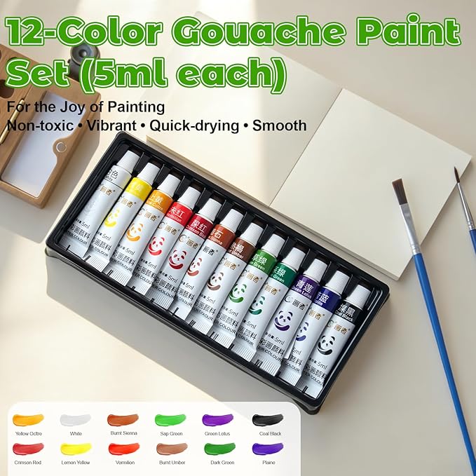 Watercolor Paint Set 12 Colors 8 Pieces Travel Mini Kit Wooden Palette Portable Art Supplies for Adults Beginners Sketching Painting Gift
