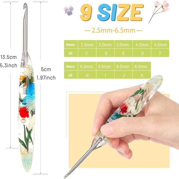 Coopay Crochet Hook Set, 9 PCS Crochet Hooks with Case (2.5mm-6.5mm), Floral Resin Grips - Beautiful & Ergonomic, Great for Crocheting Blankets, Dolls, Shawls, Hats, Scarves (C-K)