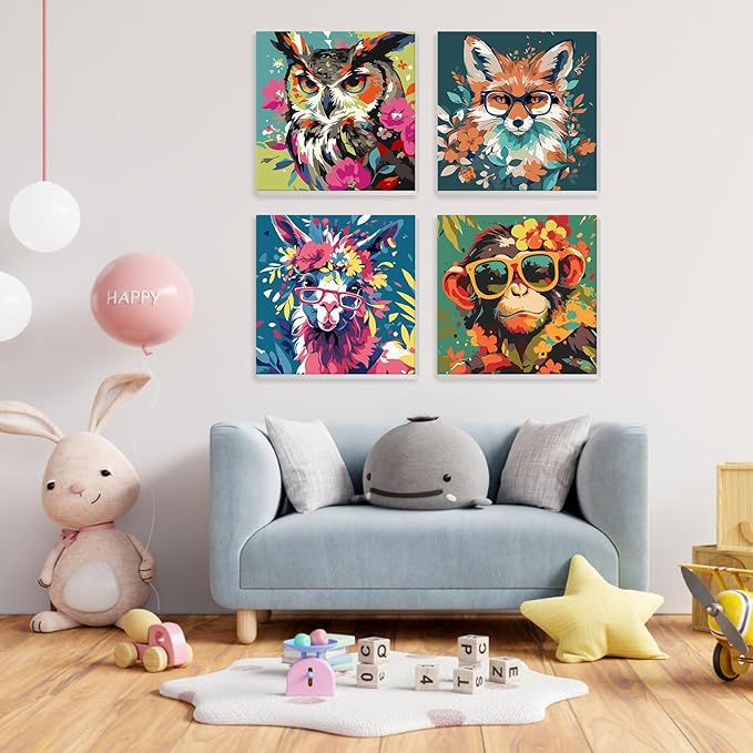 4 Pack Paint by Numbers Kit for Kids Beginner with Wooden Frame, Fantasy Owl, Fox, Llama, Monkey, Paint by Numbers Kit for Adults, Animal with Flowers, DIY Painting Kits for Home Wall Decor 8x8 inch