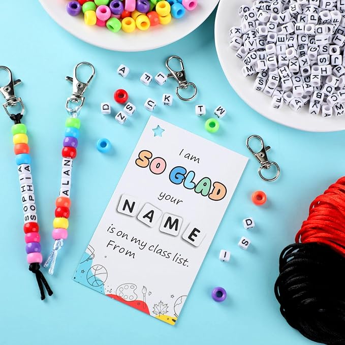 Suncalla 984 Pcs 24 Set Back to School Keychain Making Kit DIY Bead Key Chain Crafts Adjustable Letter Beads Cards Strings Kit Welcome First Day of School Gift Jewelry Making Supplies Party Favors