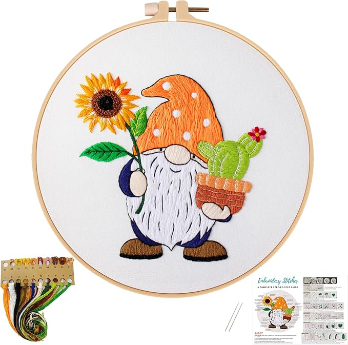 Nuberlic Sunflower Embroidery Kit for Beginners, Full Set of Stamped Gnome Cross Stitch Kit for Adults Including Threads, Hoops and Instruction