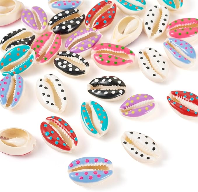 Cheriswelry 28Pcs Natural Spiral Shell Beads Print Polka Dot Sea Shells Beach Spacer Beads Cowrie Shell Loose Bead 17-22mm for DIY Summer Earring Bracelet Necklace Jewelry Making