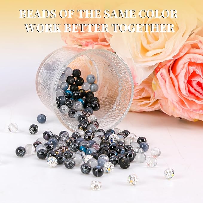 Tunmiok Glass Beads for Jewelry Making Kit with Metal Charms & Crystal String - Includes Spacers, Flower Holders - Bracelet kit, Necklace, Earring Set Supplies for Adults (Black)
