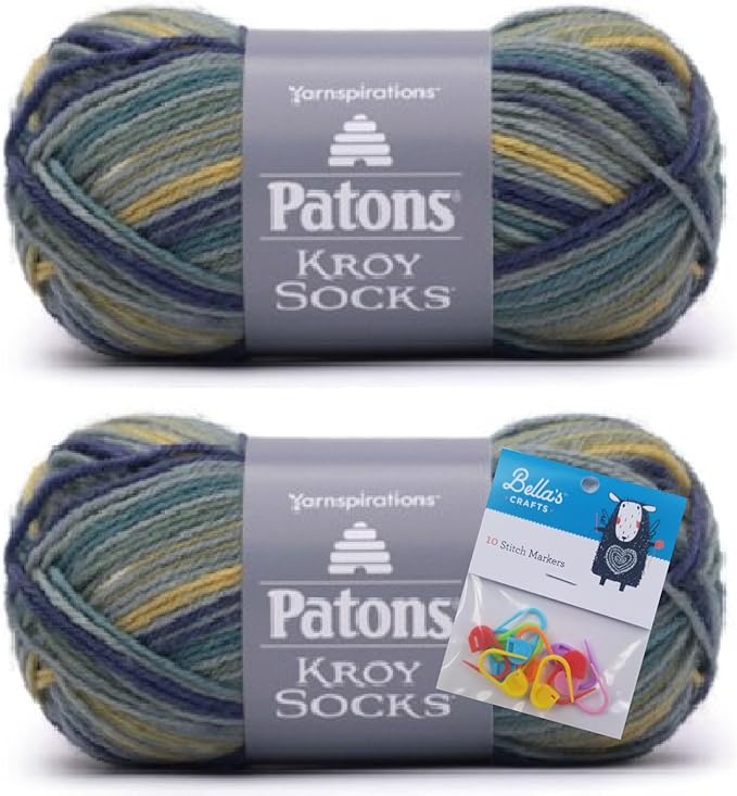 Patons Kroy Socks Yarn 2-Pack Bundle with Bella's Crafts Stitch Markers (Fifties Stripes)
