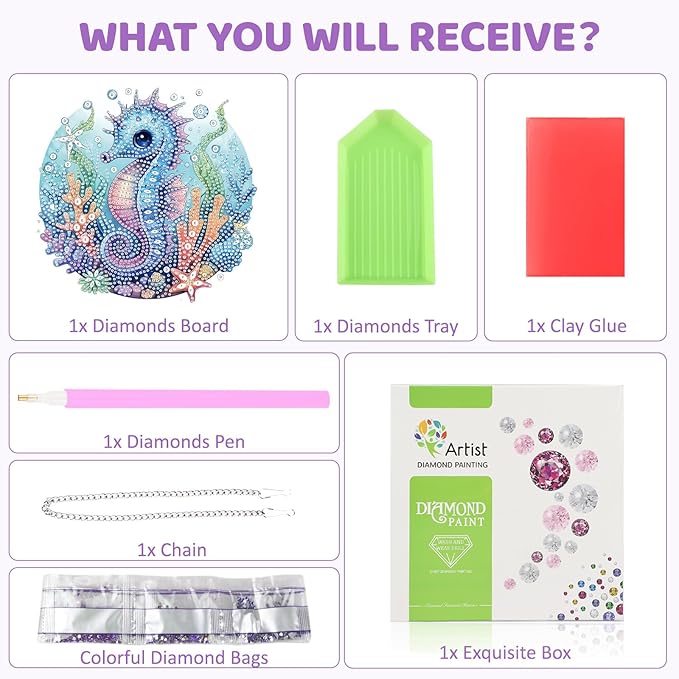 MEIYUDA Seahorse Diamond Art Hanging Kits for Adult, Shell Starfish Seahorse Diamond Painting Hanging Kits Ornaments, DIY Special Shaped Rhinestone Window Pendants Kit for Home Garden Wall Decor Gift