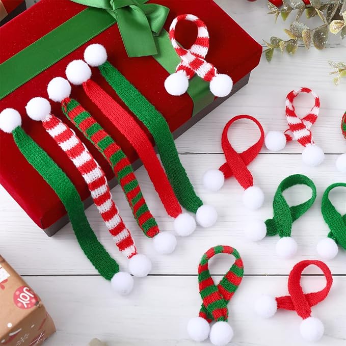 60 Pcs Mini Christmas Knit Hat and Mini Christmas Scarf Set, Santa Knit Hat Scarf Christmas Tree Ornaments Christmas Hat Scarf Cup Bottle Xmas Doll Crafts for DIY Craft Art Decoration (Classic Color)